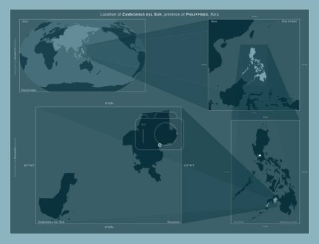 Téléchargez les photos : Zamboanga del Sur, province of Philippines. Diagram showing the location of the region on larger-scale maps. Composition of vector frames and PNG shapes on a solid background - en image libre de droit