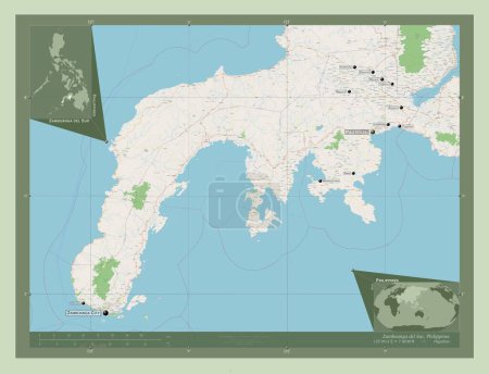 Foto de Zamboanga del Sur, province of Philippines. Open Street Map. Locations and names of major cities of the region. Corner auxiliary location maps - Imagen libre de derechos