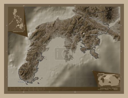 Foto de Zamboanga del Sur, province of Philippines. Elevation map colored in sepia tones with lakes and rivers. Locations and names of major cities of the region. Corner auxiliary location maps - Imagen libre de derechos