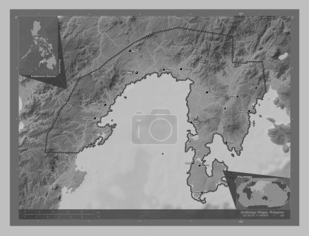 Foto de Zamboanga Sibugay, province of Philippines. Grayscale elevation map with lakes and rivers. Locations and names of major cities of the region. Corner auxiliary location maps - Imagen libre de derechos