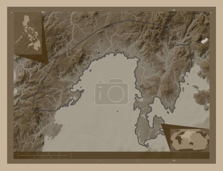 Téléchargez les photos : Zamboanga Sibugay, province of Philippines. Elevation map colored in sepia tones with lakes and rivers. Corner auxiliary location maps - en image libre de droit