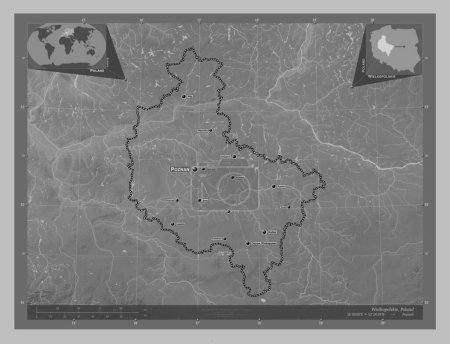 Téléchargez les photos : Wielkopolskie, voivodeship|province of Poland. Grayscale elevation map with lakes and rivers. Locations and names of major cities of the region. Corner auxiliary location maps - en image libre de droit