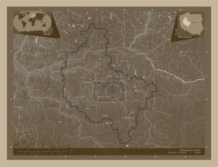 Photo for Wielkopolskie, voivodeship|province of Poland. Elevation map colored in sepia tones with lakes and rivers. Locations and names of major cities of the region. Corner auxiliary location maps - Royalty Free Image