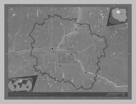 Téléchargez les photos : Kujawsko-Pomorskie, voivodeship|province of Poland. Grayscale elevation map with lakes and rivers. Locations and names of major cities of the region. Corner auxiliary location maps - en image libre de droit