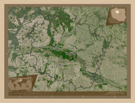 Photo for Kujawsko-Pomorskie, voivodeship|province of Poland. Low resolution satellite map. Locations and names of major cities of the region. Corner auxiliary location maps - Royalty Free Image