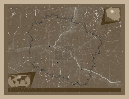 Photo for Kujawsko-Pomorskie, voivodeship|province of Poland. Elevation map colored in sepia tones with lakes and rivers. Locations of major cities of the region. Corner auxiliary location maps - Royalty Free Image