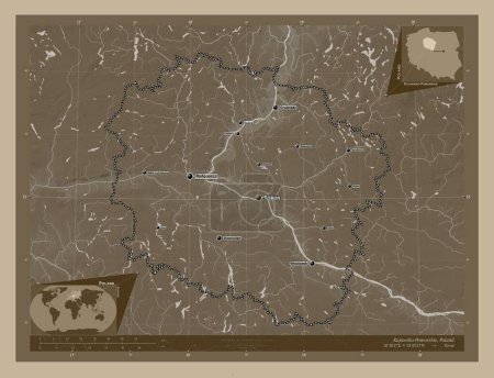 Photo for Kujawsko-Pomorskie, voivodeship|province of Poland. Elevation map colored in sepia tones with lakes and rivers. Locations and names of major cities of the region. Corner auxiliary location maps - Royalty Free Image