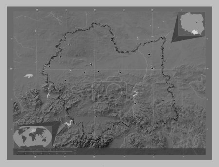 Téléchargez les photos : Malopolskie, voivodeship|province of Poland. Grayscale elevation map with lakes and rivers. Locations of major cities of the region. Corner auxiliary location maps - en image libre de droit