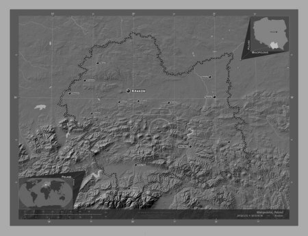 Téléchargez les photos : Malopolskie, voivodeship|province of Poland. Bilevel elevation map with lakes and rivers. Locations and names of major cities of the region. Corner auxiliary location maps - en image libre de droit