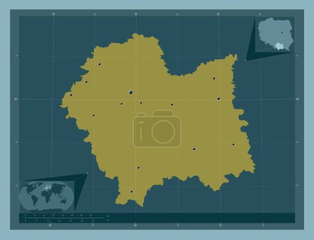 Photo for Malopolskie, voivodeship|province of Poland. Solid color shape. Locations of major cities of the region. Corner auxiliary location maps - Royalty Free Image