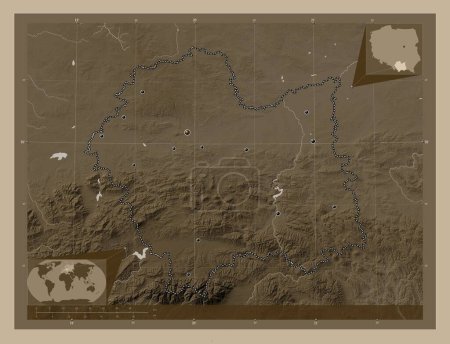 Photo for Malopolskie, voivodeship|province of Poland. Elevation map colored in sepia tones with lakes and rivers. Locations of major cities of the region. Corner auxiliary location maps - Royalty Free Image