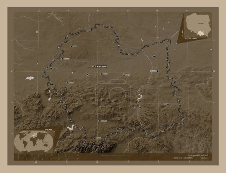 Photo for Malopolskie, voivodeship|province of Poland. Elevation map colored in sepia tones with lakes and rivers. Locations and names of major cities of the region. Corner auxiliary location maps - Royalty Free Image