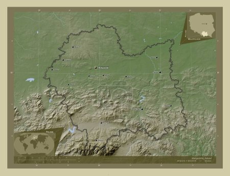 Photo for Malopolskie, voivodeship|province of Poland. Elevation map colored in wiki style with lakes and rivers. Locations and names of major cities of the region. Corner auxiliary location maps - Royalty Free Image