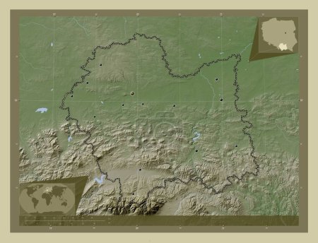 Photo for Malopolskie, voivodeship|province of Poland. Elevation map colored in wiki style with lakes and rivers. Locations of major cities of the region. Corner auxiliary location maps - Royalty Free Image