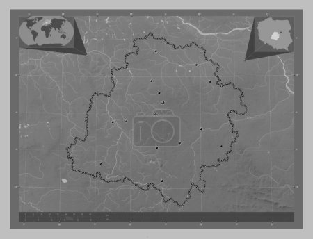 Foto de Lodzkie, voivodeship|province of Poland. Grayscale elevation map with lakes and rivers. Locations of major cities of the region. Corner auxiliary location maps - Imagen libre de derechos