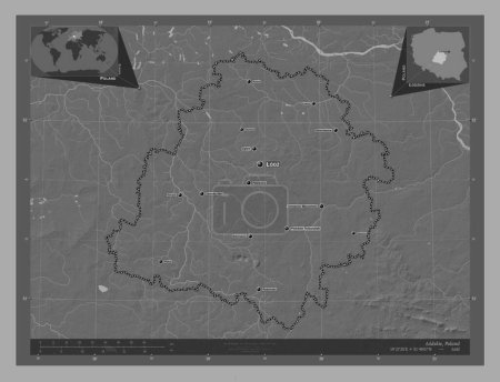 Foto de Lodzkie, voivodeship|province of Poland. Bilevel elevation map with lakes and rivers. Locations and names of major cities of the region. Corner auxiliary location maps - Imagen libre de derechos