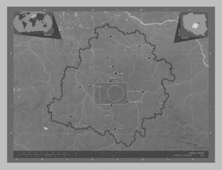 Foto de Lodzkie, voivodeship|province of Poland. Grayscale elevation map with lakes and rivers. Locations and names of major cities of the region. Corner auxiliary location maps - Imagen libre de derechos