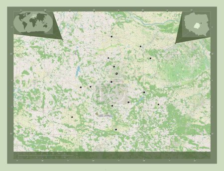 Téléchargez les photos : Lodzkie, voivodeship|province of Poland. Open Street Map. Locations of major cities of the region. Corner auxiliary location maps - en image libre de droit