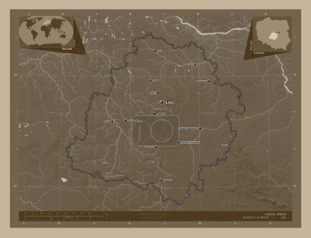 Lodzkie, voivodeship|province of Poland. Elevation map colored in sepia tones with lakes and rivers. Locations and names of major cities of the region. Corner auxiliary location maps