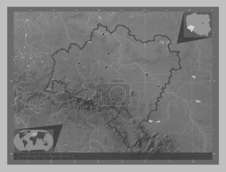 Foto de Dolnoslaskie, voivodeship|province of Poland. Grayscale elevation map with lakes and rivers. Locations of major cities of the region. Corner auxiliary location maps - Imagen libre de derechos