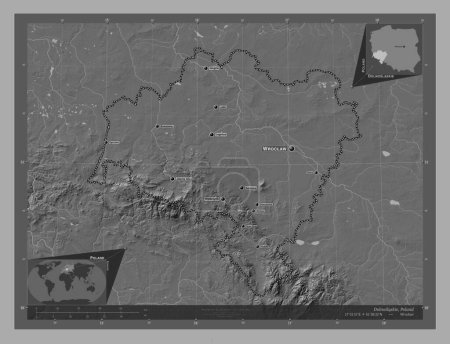 Foto de Dolnoslaskie, voivodeship|province of Poland. Bilevel elevation map with lakes and rivers. Locations and names of major cities of the region. Corner auxiliary location maps - Imagen libre de derechos