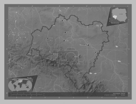 Foto de Dolnoslaskie, voivodeship|province of Poland. Grayscale elevation map with lakes and rivers. Locations and names of major cities of the region. Corner auxiliary location maps - Imagen libre de derechos