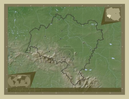Photo for Dolnoslaskie, voivodeship|province of Poland. Elevation map colored in wiki style with lakes and rivers. Locations of major cities of the region. Corner auxiliary location maps - Royalty Free Image