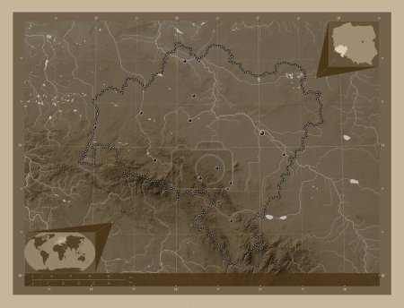 Photo for Dolnoslaskie, voivodeship|province of Poland. Elevation map colored in sepia tones with lakes and rivers. Locations of major cities of the region. Corner auxiliary location maps - Royalty Free Image