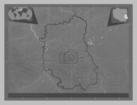 Photo for Lubelskie, voivodeship|province of Poland. Grayscale elevation map with lakes and rivers. Locations of major cities of the region. Corner auxiliary location maps - Royalty Free Image