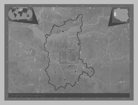 Photo for Lubuskie, voivodeship|province of Poland. Grayscale elevation map with lakes and rivers. Locations of major cities of the region. Corner auxiliary location maps - Royalty Free Image