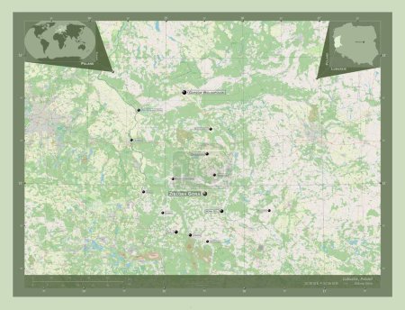 Téléchargez les photos : Lubuskie, voivodeship|province of Poland. Open Street Map. Locations and names of major cities of the region. Corner auxiliary location maps - en image libre de droit