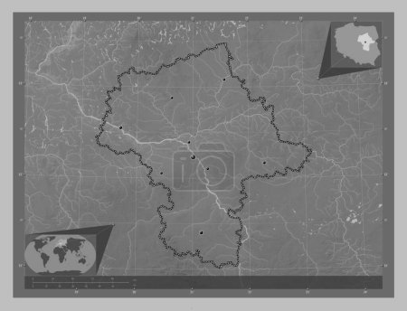 Photo for Mazowieckie, voivodeship|province of Poland. Grayscale elevation map with lakes and rivers. Locations of major cities of the region. Corner auxiliary location maps - Royalty Free Image