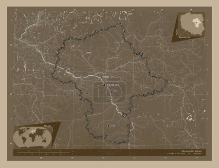Photo for Mazowieckie, voivodeship|province of Poland. Elevation map colored in sepia tones with lakes and rivers. Locations and names of major cities of the region. Corner auxiliary location maps - Royalty Free Image