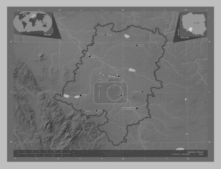 Téléchargez les photos : Opolskie, voivodeship|province of Poland. Grayscale elevation map with lakes and rivers. Locations and names of major cities of the region. Corner auxiliary location maps - en image libre de droit