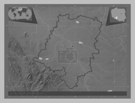 Foto de Opolskie, voivodeship|province of Poland. Grayscale elevation map with lakes and rivers. Corner auxiliary location maps - Imagen libre de derechos