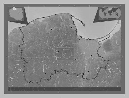 Téléchargez les photos : Pomorskie, voivodeship|province of Poland. Grayscale elevation map with lakes and rivers. Locations of major cities of the region. Corner auxiliary location maps - en image libre de droit
