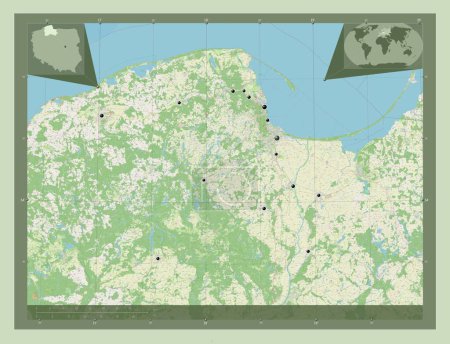 Téléchargez les photos : Pomorskie, voivodeship|province of Poland. Open Street Map. Locations of major cities of the region. Corner auxiliary location maps - en image libre de droit