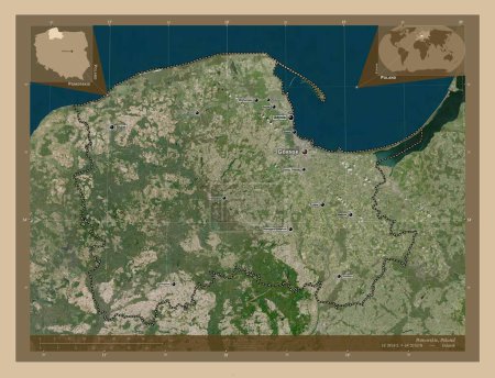 Photo for Pomorskie, voivodeship|province of Poland. Low resolution satellite map. Locations and names of major cities of the region. Corner auxiliary location maps - Royalty Free Image