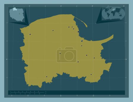 Photo for Pomorskie, voivodeship|province of Poland. Solid color shape. Locations of major cities of the region. Corner auxiliary location maps - Royalty Free Image