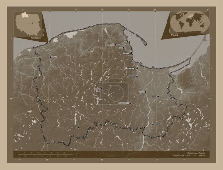 Photo for Pomorskie, voivodeship|province of Poland. Elevation map colored in sepia tones with lakes and rivers. Locations and names of major cities of the region. Corner auxiliary location maps - Royalty Free Image