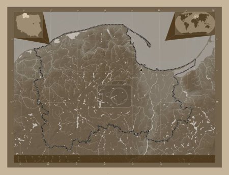 Foto de Pomorskie, voivodeship|province of Poland. Elevation map colored in sepia tones with lakes and rivers. Corner auxiliary location maps - Imagen libre de derechos