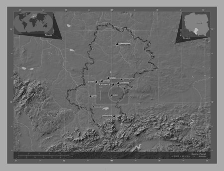Téléchargez les photos : Slaskie, voivodeship|province of Poland. Bilevel elevation map with lakes and rivers. Locations and names of major cities of the region. Corner auxiliary location maps - en image libre de droit