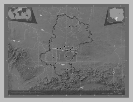 Téléchargez les photos : Slaskie, voivodeship|province of Poland. Grayscale elevation map with lakes and rivers. Locations and names of major cities of the region. Corner auxiliary location maps - en image libre de droit