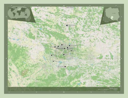 Téléchargez les photos : Slaskie, voivodeship|province of Poland. Open Street Map. Locations and names of major cities of the region. Corner auxiliary location maps - en image libre de droit