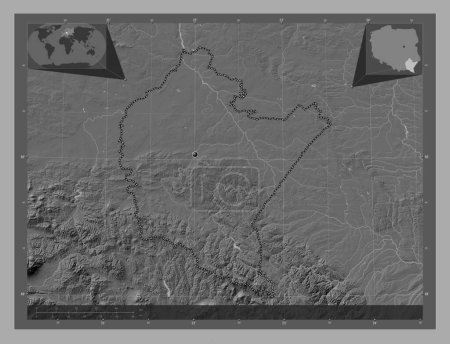 Téléchargez les photos : Podkarpackie, voivodeship|province of Poland. Bilevel elevation map with lakes and rivers. Corner auxiliary location maps - en image libre de droit