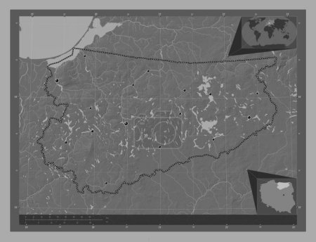 Foto de Warminsko-Mazurskie, voivodeship|province of Poland. Bilevel elevation map with lakes and rivers. Locations of major cities of the region. Corner auxiliary location maps - Imagen libre de derechos
