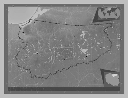 Foto de Warminsko-Mazurskie, voivodeship|province of Poland. Grayscale elevation map with lakes and rivers. Locations of major cities of the region. Corner auxiliary location maps - Imagen libre de derechos