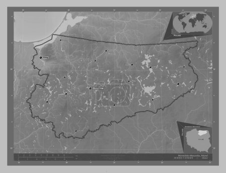 Foto de Warminsko-Mazurskie, voivodeship|province of Poland. Grayscale elevation map with lakes and rivers. Locations and names of major cities of the region. Corner auxiliary location maps - Imagen libre de derechos