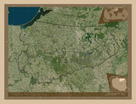 Foto de Warminsko-Mazurskie, voivodeship|province of Poland. Low resolution satellite map. Locations and names of major cities of the region. Corner auxiliary location maps - Imagen libre de derechos
