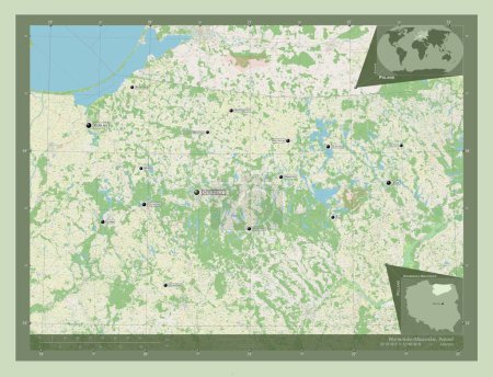 Foto de Warminsko-Mazurskie, voivodeship|province of Poland. Open Street Map. Locations and names of major cities of the region. Corner auxiliary location maps - Imagen libre de derechos